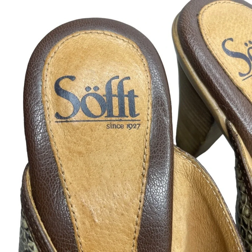 Sofft Brown Leather Snakeskin Print T Strap‎ Heeled Sandals Slides Size 7.5 M